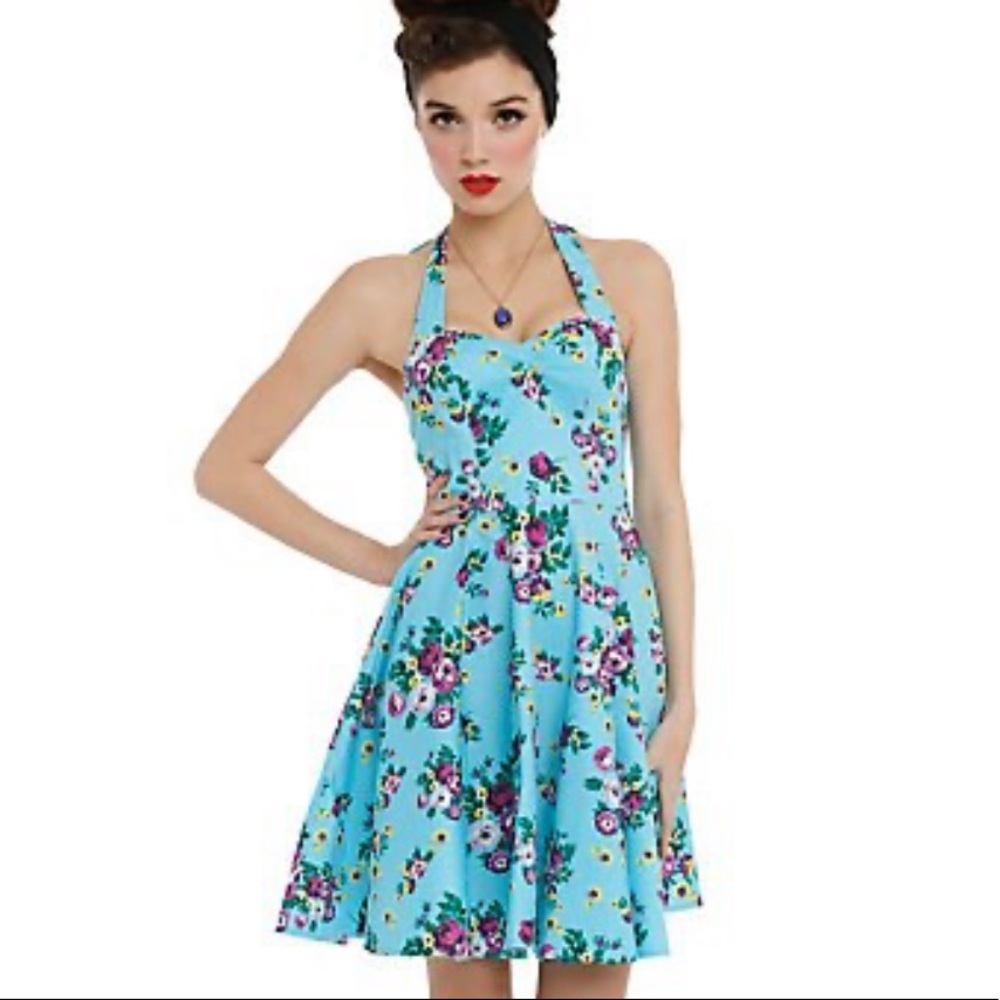 Hell Bunny Turquoise Floral Pinup Halter Dress 👗 - Picture 2 of 11